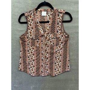 Siren Lily Shirt Womens Petite Small Brown White Sleeveless Button Up Boho Top